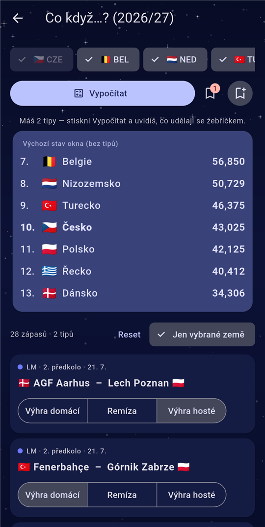 Kalkulačka Co když…? s natipovanými zápasy