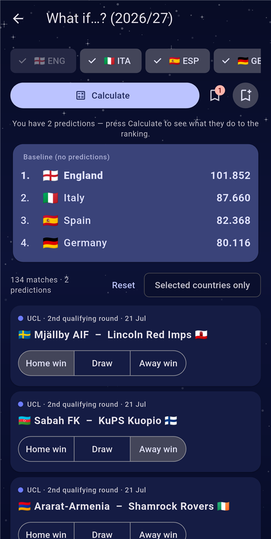 What if…? calculator with match predictions